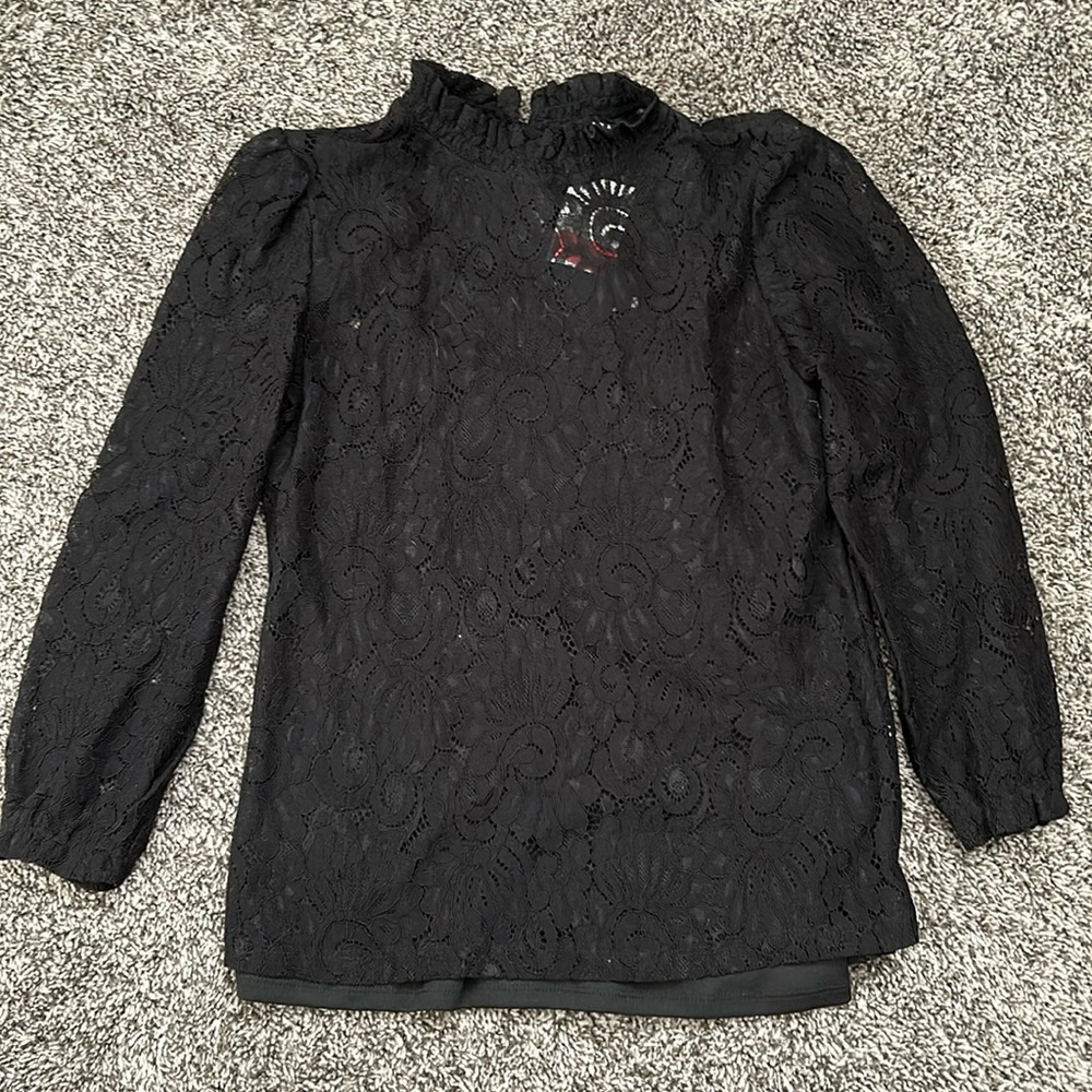 Adiva Black Lace Ruffle Neck Blouse XS